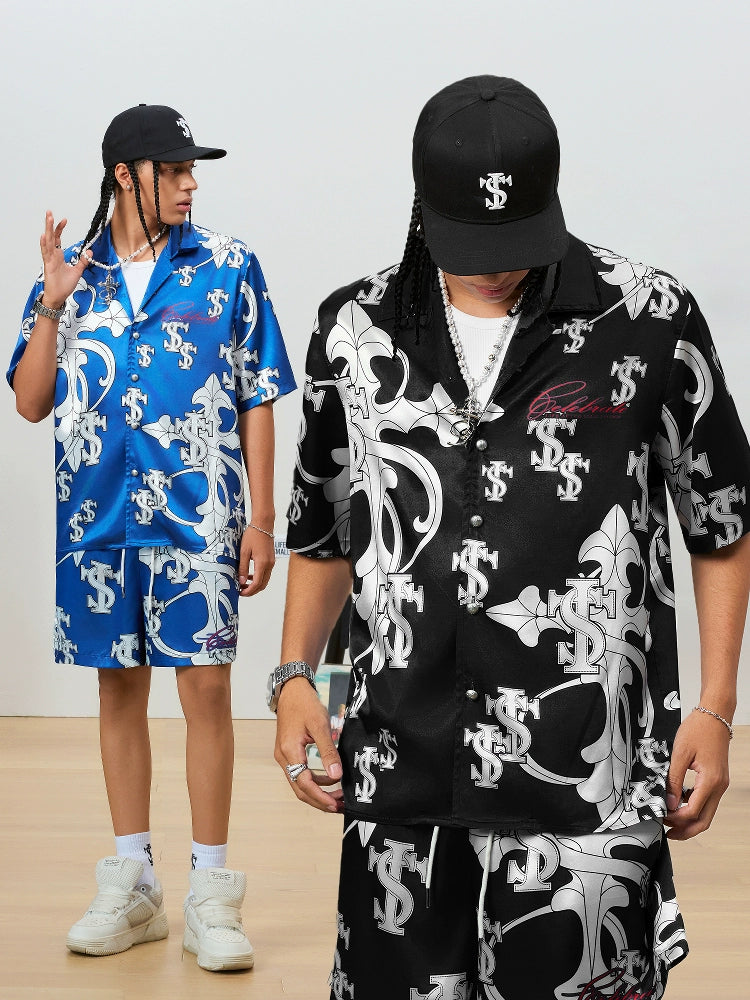 Small Town Kid Monogram Cross Logo Satin Cuban Shirt Set | Face 3 Face