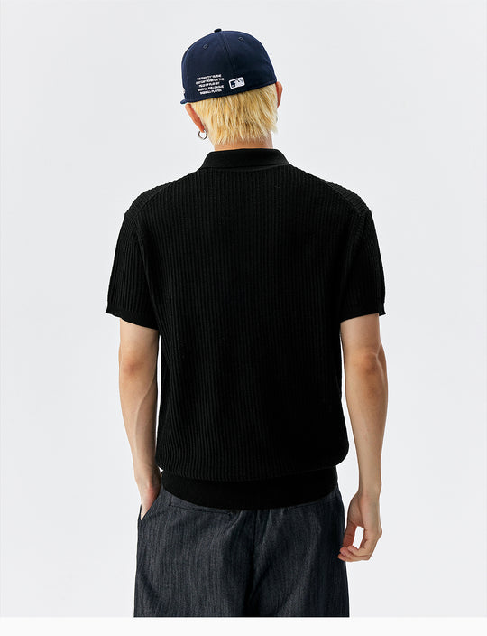 MEDM Rose Embroidered Textured Stripe Knit Polo | Face 3 Face