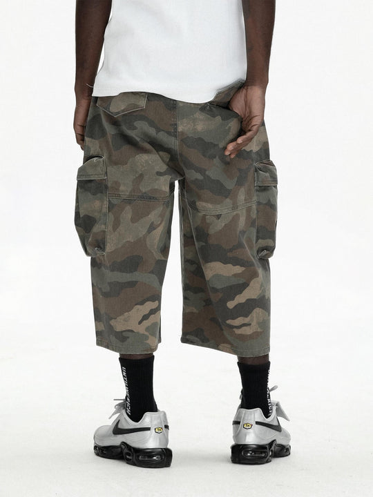 UNTILWERICH Washed Camo Multi Pocket Wide Cargo Below Knee Shorts | Face 3 Face