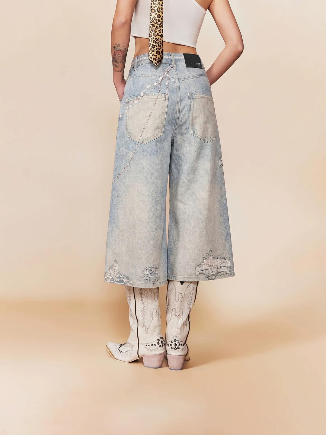 1807 Pearl Denim Transfer Print Cropped Shorts | Face 3 Face