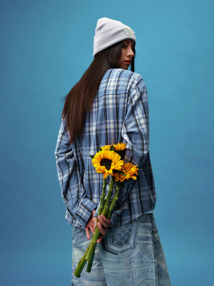 YADcrew Pearl-Embroidered Plaid Long-Sleeve Shirt | Face 3 Face