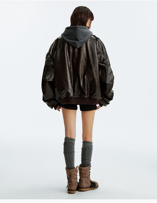 MEDM Layered Hood PU Leather Bomber Jacket | Face 3 Face