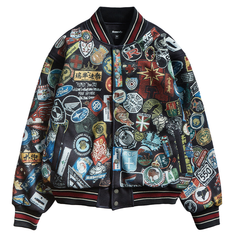 Remedy All Over Badge Print Varsity Jacket | Face 3 Face