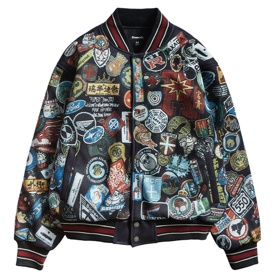 Remedy All Over Badge Print Varsity Jacket | Face 3 Face