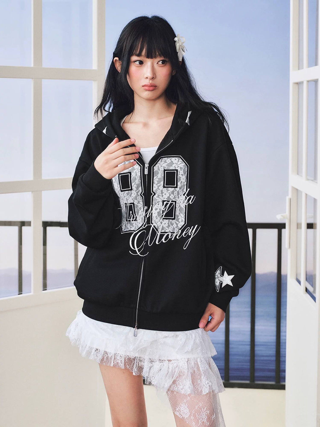 MEDM Lace Number Embroidered Star Print Zip Up Hoodie | Face 3 Face