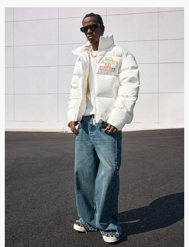 MEDM 3D Embroidered Rainbow Letters Down Jacket | Face 3 Face