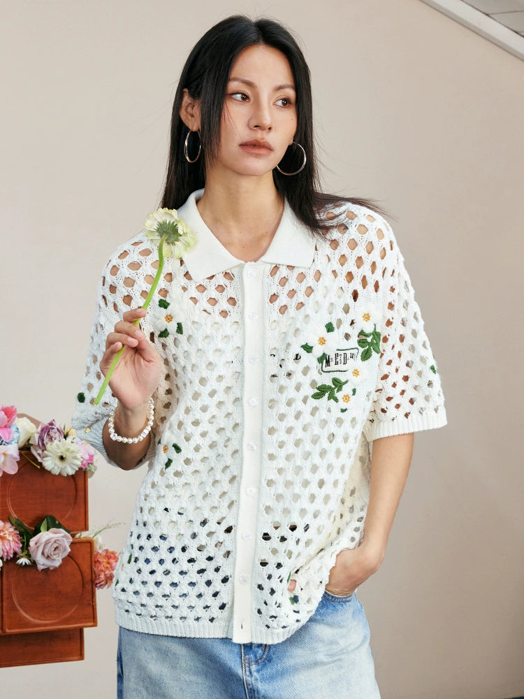 MEDM Flower Embroidery Open Knit Short Sleeve Shirt | Face 3 Face
