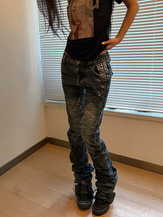 Night Lab Heavily Washed Distressed Multi Rivet Curved Jeans