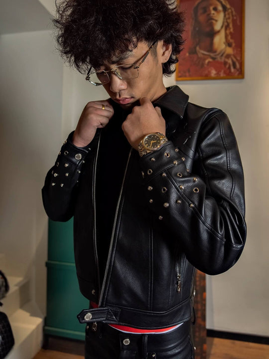 TGFCLUB Embossed Studded Slim Fit PU Leather Biker Jacket | Face 3 Face