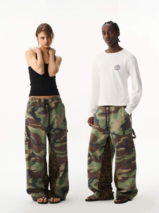 EXITMODE BY BLIND NO PLAN Camo Leopard Color Block Patchwork Baggy Work Pants | Face 3 Face