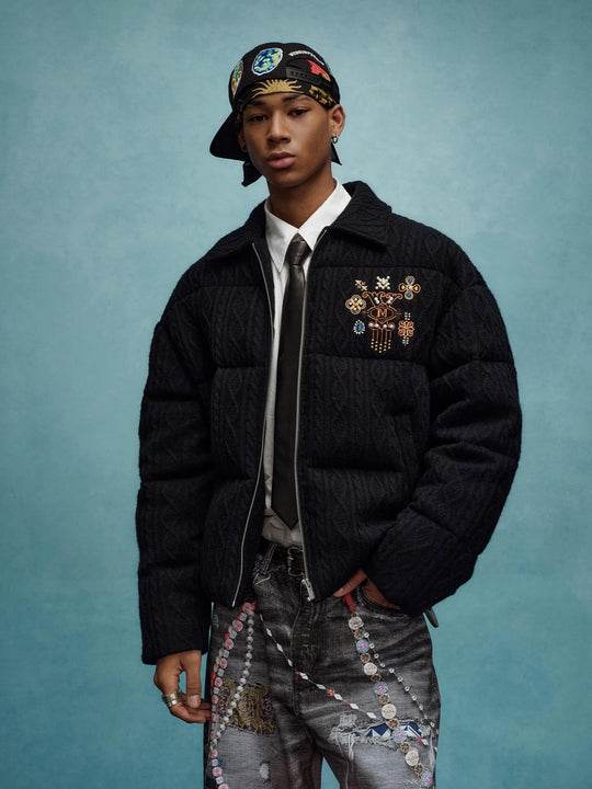 YADcrew x MEDM Cable Knit Pearl Embroidered Puffer Jacket | Face 3 Face