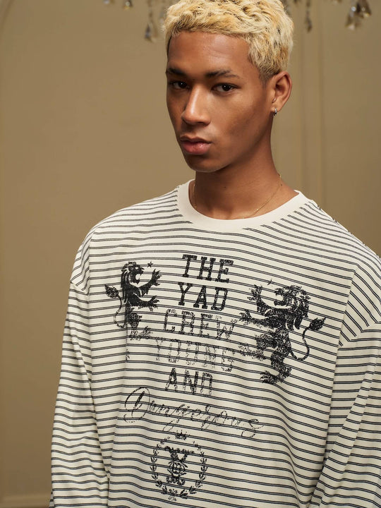 YADcrew Vintage Lion Print Striped Long Sleeve Tee | Face 3 Face