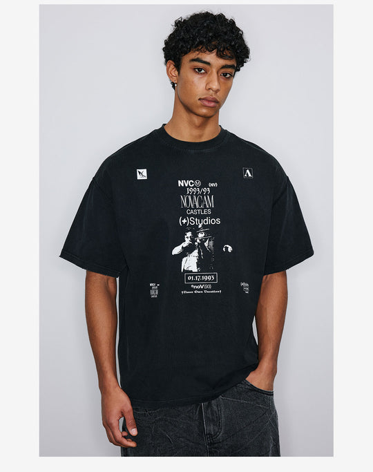 NOVACAM Vintage Washed Crackle Print Reverse Stitching Tee | Face 3 Face