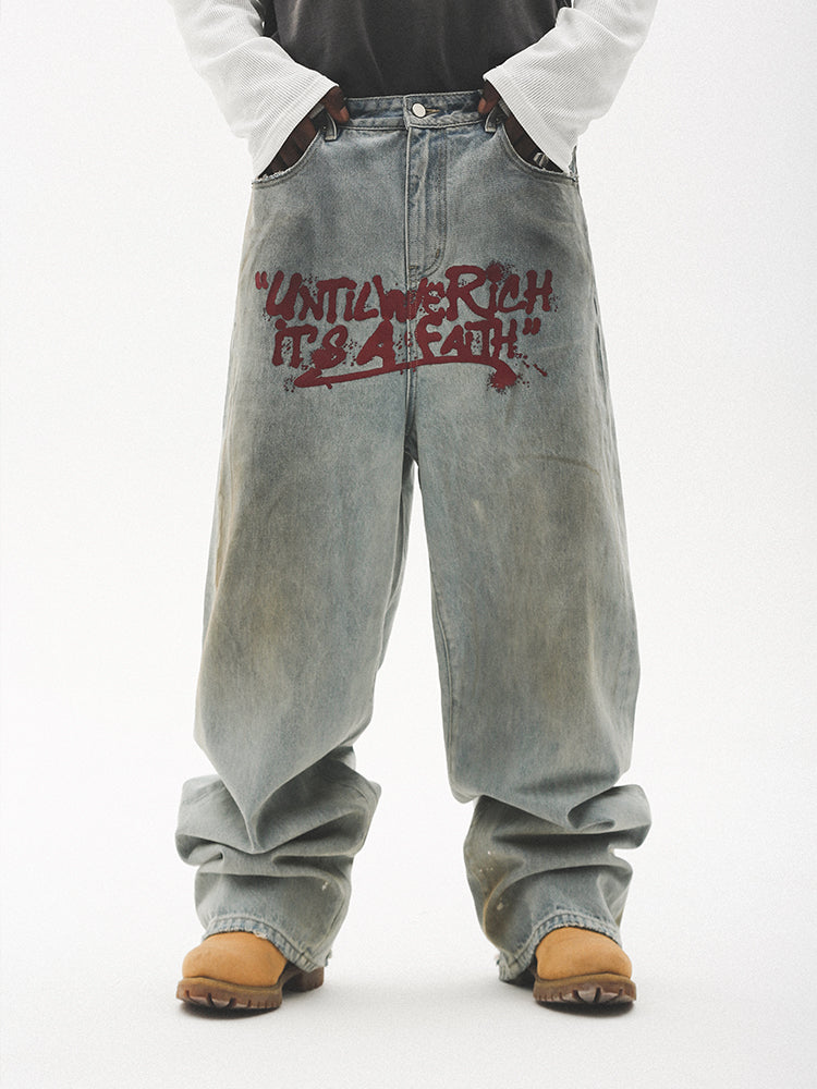UNTILWERICH Dirty Wash Graffiti Print Jeans | Face 3 Face