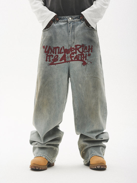 UNTILWERICH Dirty Wash Graffiti Print Jeans | Face 3 Face