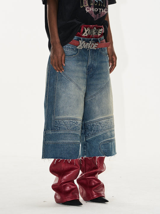 BLIND NO PLAN Washed and Aged Biker Denim Baggy Shorts | Face 3 Face