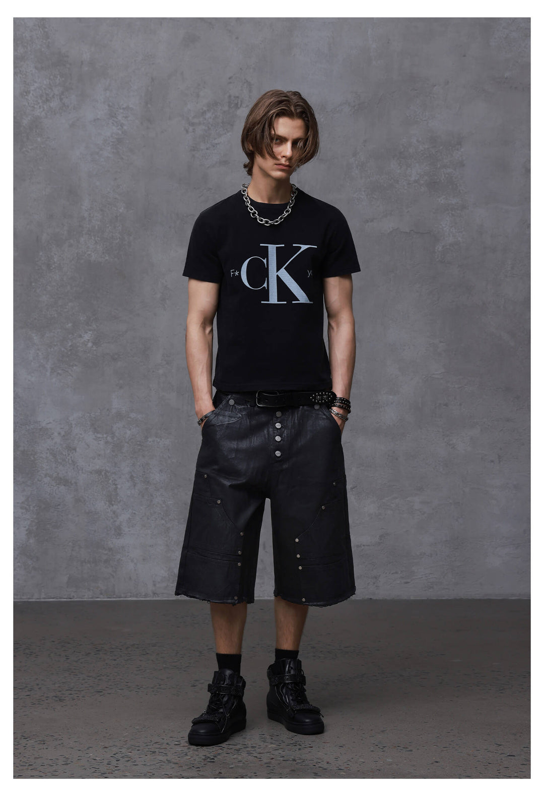 ANTIDOTE Brushed Waxed Studded Double Knee Cutoff Baggy Shorts | Face 3 Face