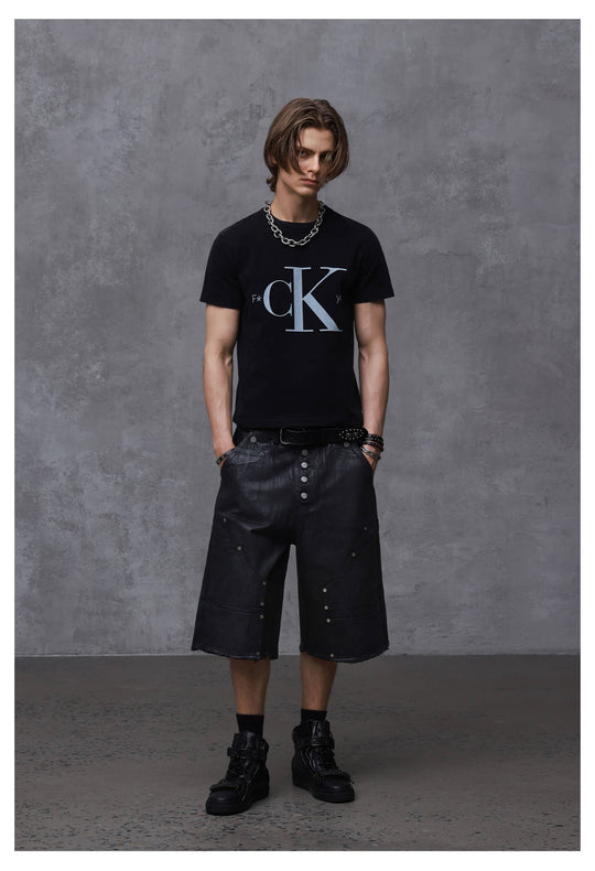 ANTIDOTE Brushed Waxed Studded Double Knee Cutoff Baggy Shorts | Face 3 Face