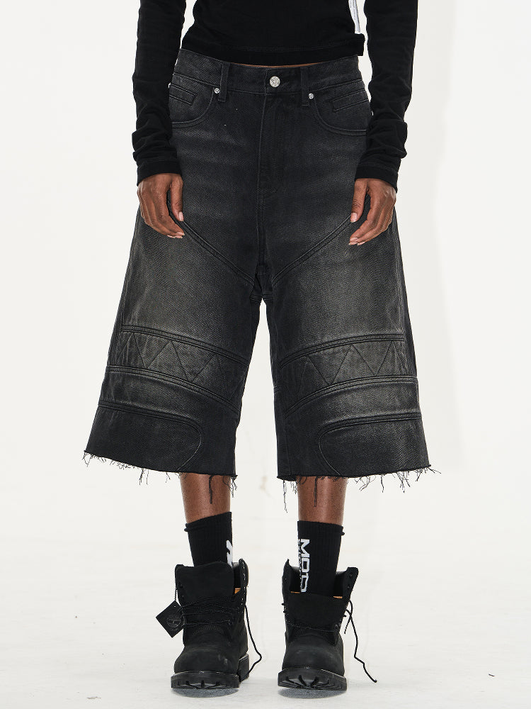 BLIND NO PLAN Washed and Aged Biker Denim Baggy Shorts | Face 3 Face