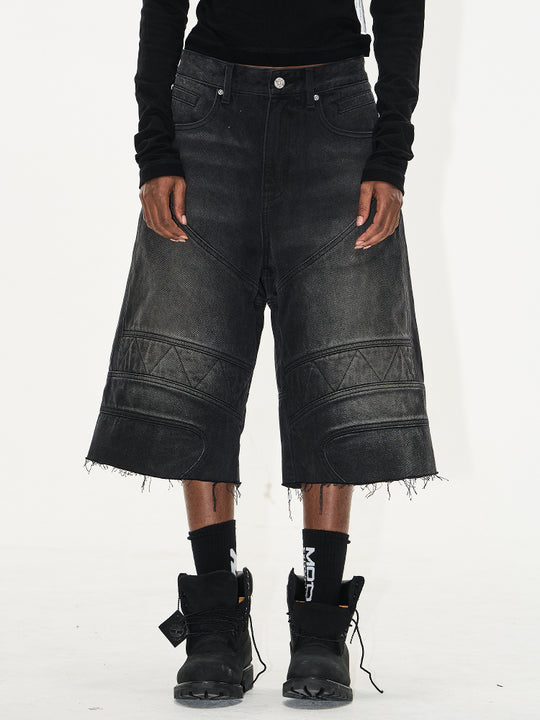 BLIND NO PLAN Washed and Aged Biker Denim Baggy Shorts | Face 3 Face