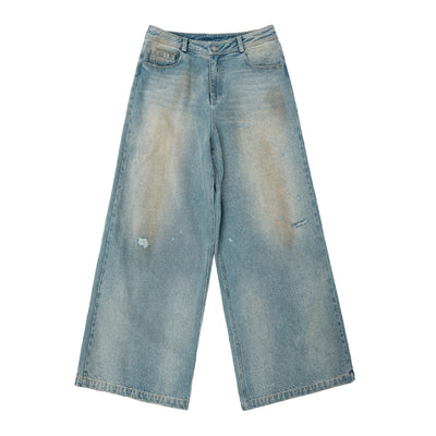 JHYQ Washed Distressed Holes Wide Legged Dirty Denim Jeans