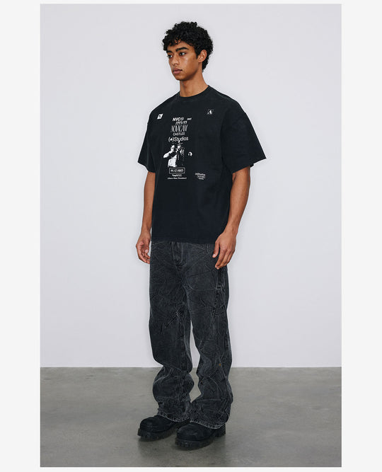 NOVACAM Vintage Washed Crackle Print Reverse Stitching Tee | Face 3 Face