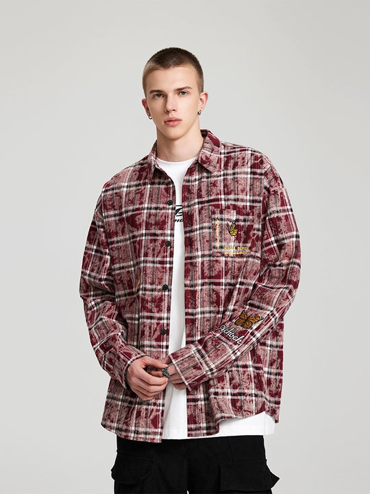 Achock Washed Plaid Butterfly Embroidery Long Sleeved Shirt | Face 3 Face
