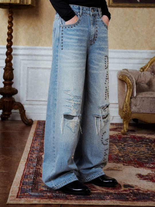 YADcrew Slogan Studded Washed Distressed Jeans | Face 3 Face
