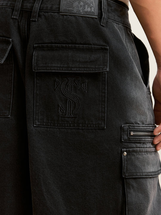 Small Town Kid Rivets Washed Denim Utility Cargo Shorts | Face 3 Face