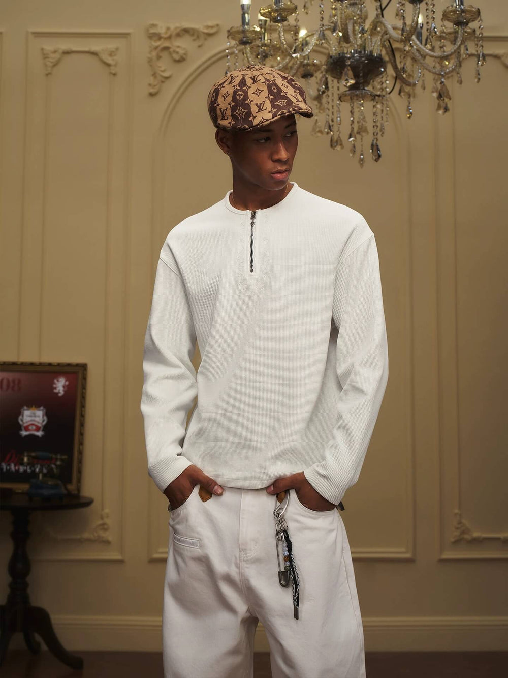 YADcrew Baroque Embroidered Half Zip Waffle Thermal Long Sleeve Tee | Face 3 Face