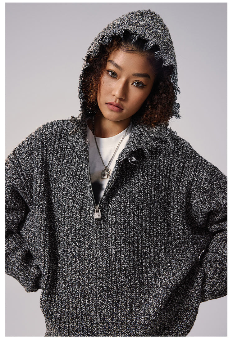 Remedy Distressed Hooded Zipper Knit Cardigan | Face 3 Face