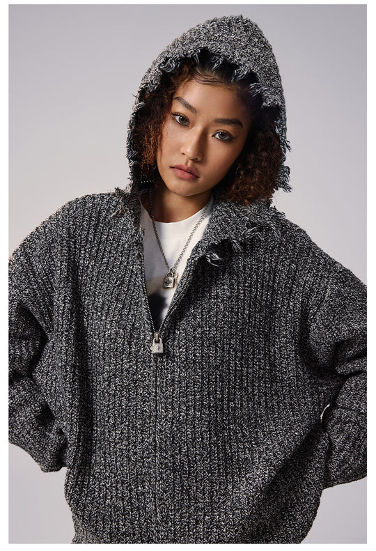 Remedy Distressed Hooded Zipper Knit Cardigan | Face 3 Face