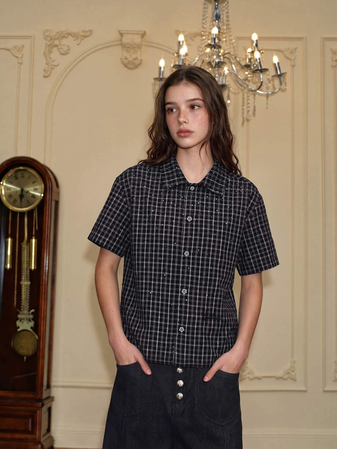 YADcrew Plaid Rhinestone Cascade Flower Button Short Sleeve Shirt | Face 3 Face