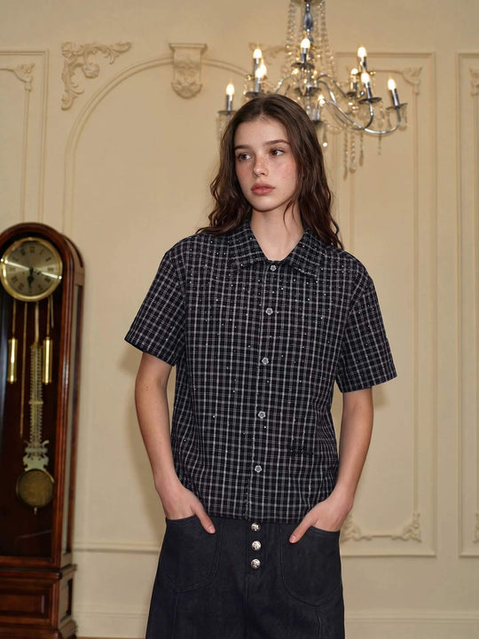 YADcrew Plaid Rhinestone Cascade Flower Button Short Sleeve Shirt | Face 3 Face
