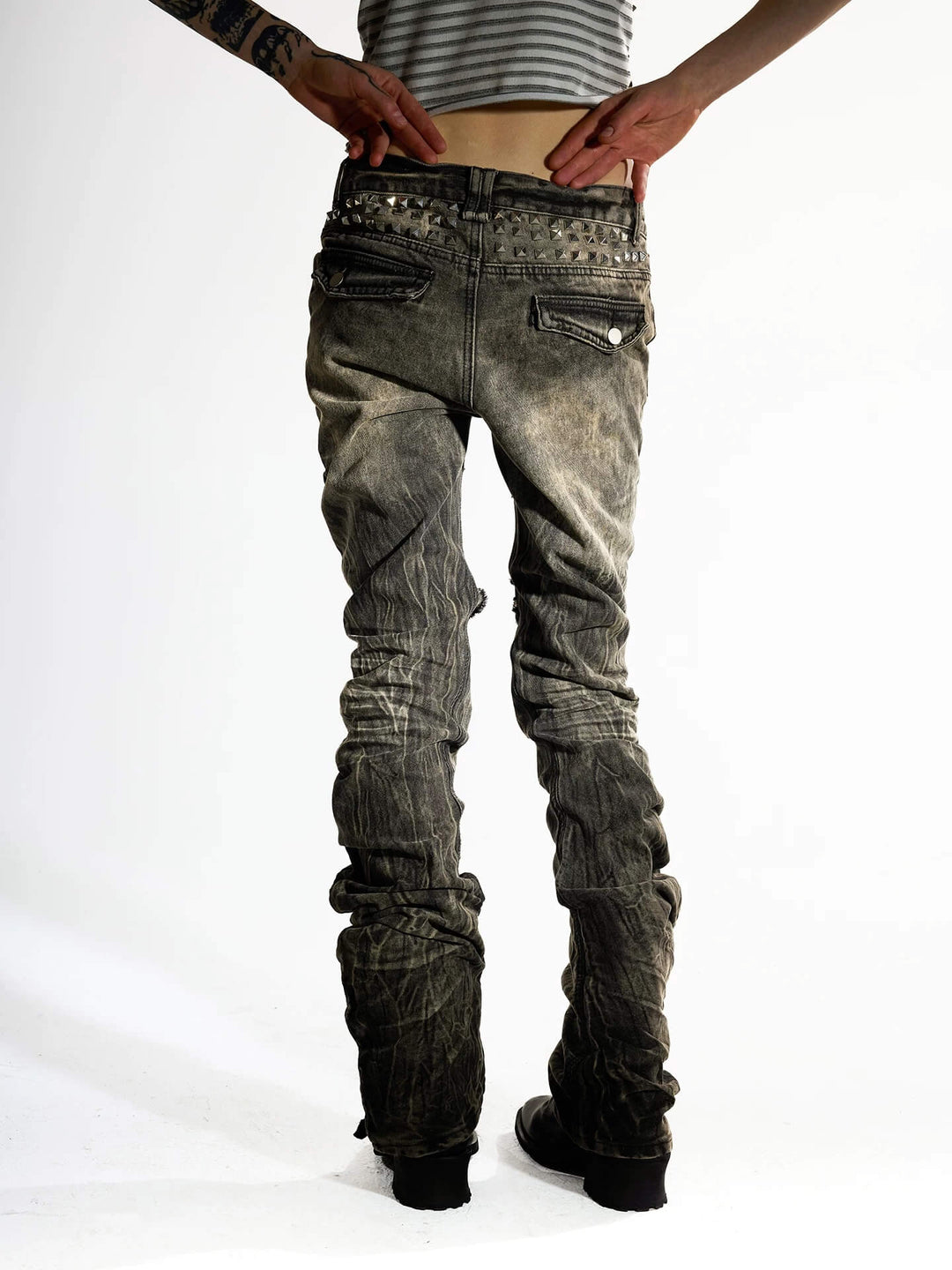 Night Lab Rock Rivet Washed Distressed Curved Slim Fit Jeans | Face 3 Face