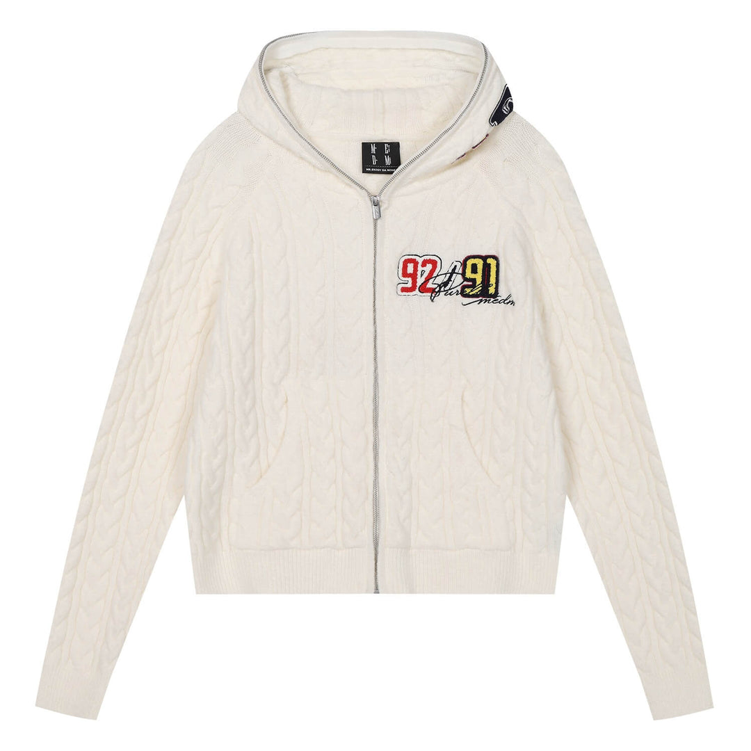 MEDM Patch Applique Zip Up Knit Hoodie | Face 3 Face