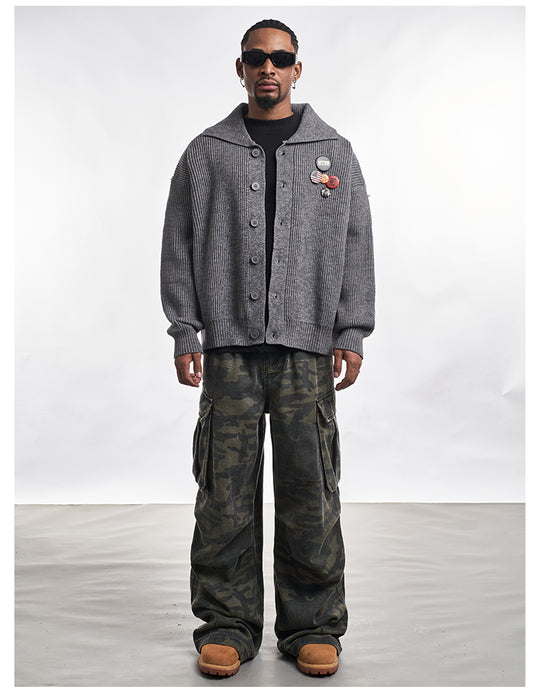 F3F Select Wide Lapel Gray Button Knit Cardigan | Face 3 Face