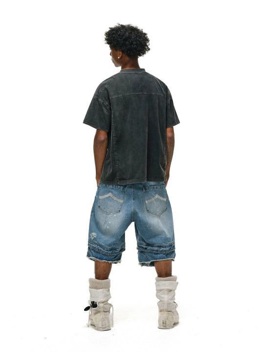 ANTIDOTE Destroyed Double-Layer Washed Denim Shorts | Face 3 Face