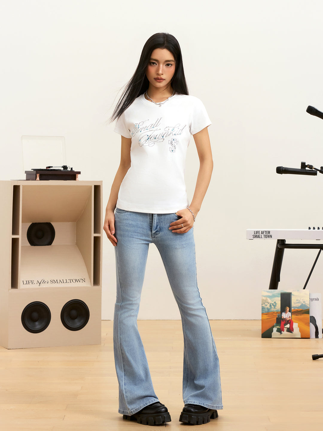 Small Town Kid Rhinestone Jewelry Lettering Slim Fit Tee | Face 3 Face