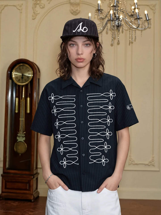 YADcrew Braid Embroidered Striped Seersucker Short Sleeve Shirt | Face 3 Face