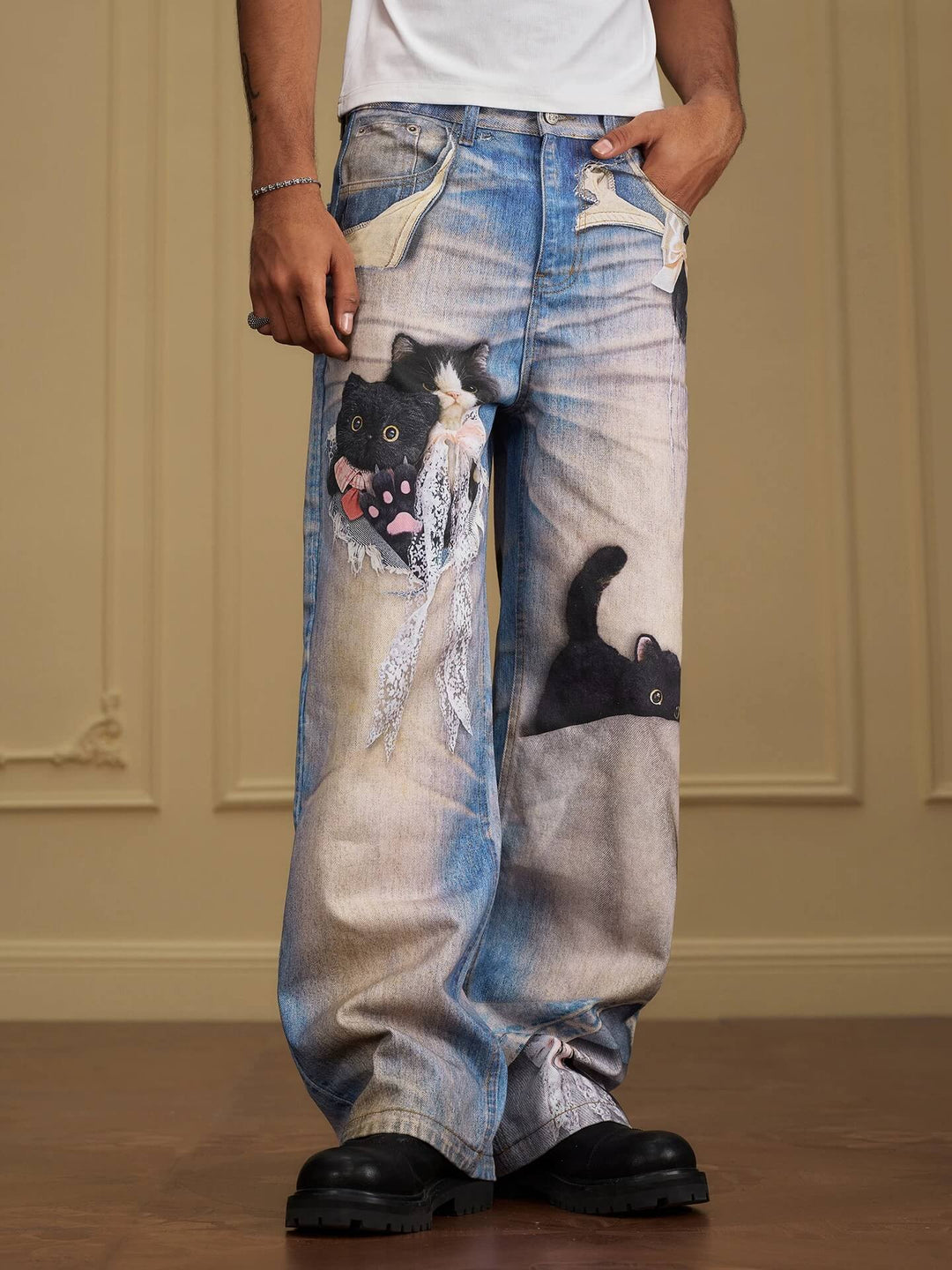 YADcrew Black Cat And Bow Print Baggy Jeans | Face 3 Face