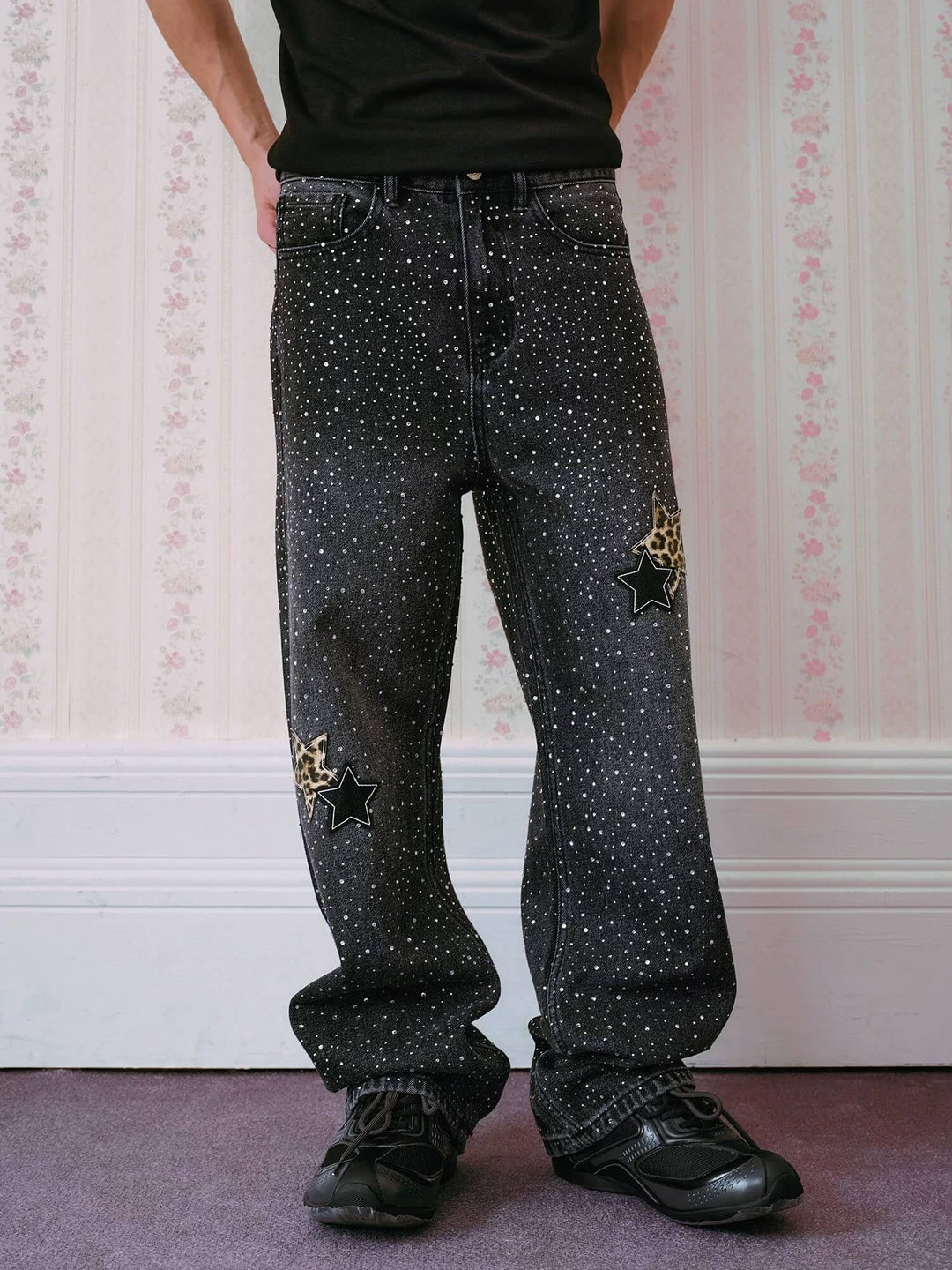 MEDM All Over Rhinestone Star Patch Jeans | Face 3 Face