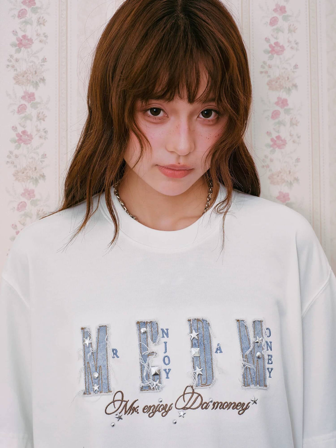 MEDM Distressed Denim Logo Patch Studded Short Sleeve Tee | Face 3 Face