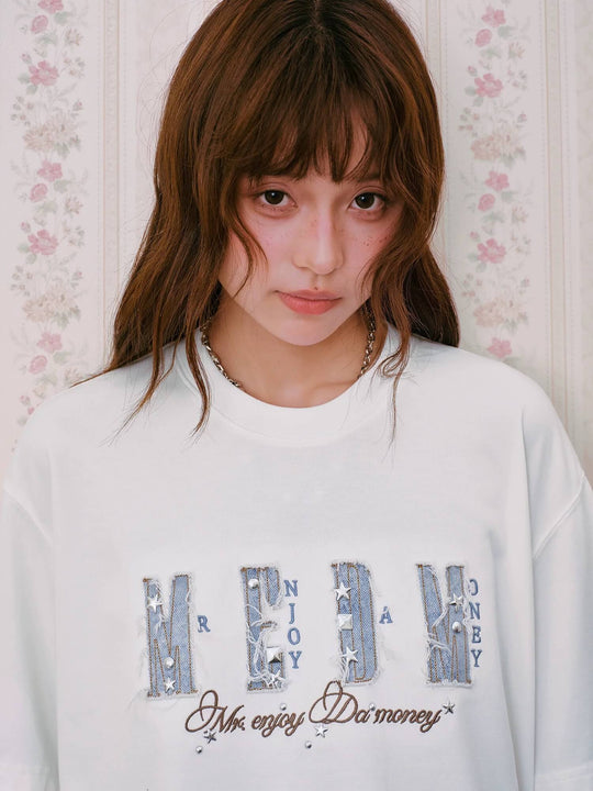 MEDM Distressed Denim Logo Patch Studded Short Sleeve Tee | Face 3 Face