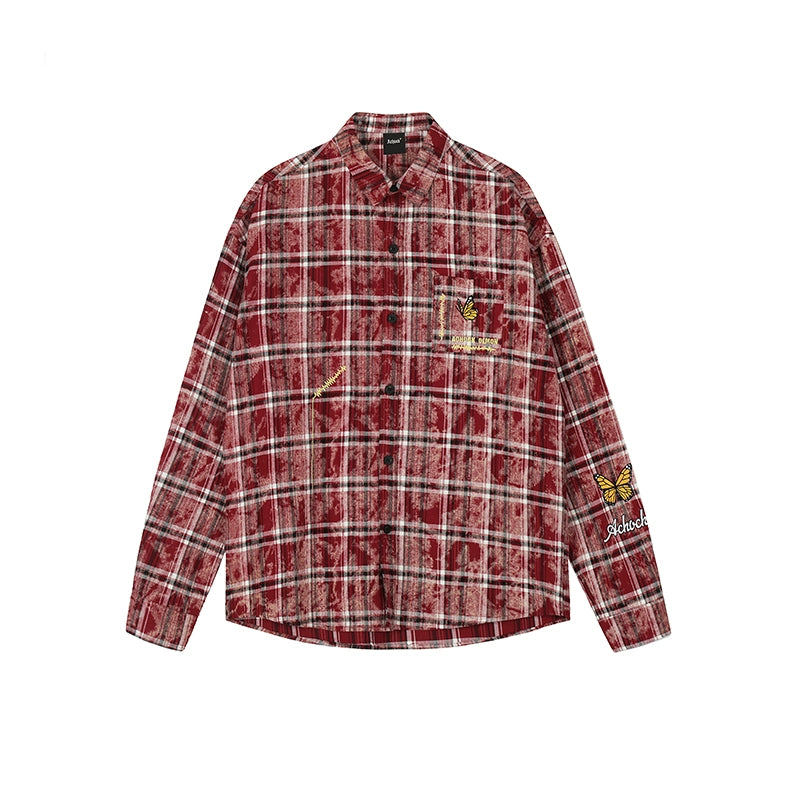Achock Washed Plaid Butterfly Embroidery Long Sleeved Shirt | Face 3 Face