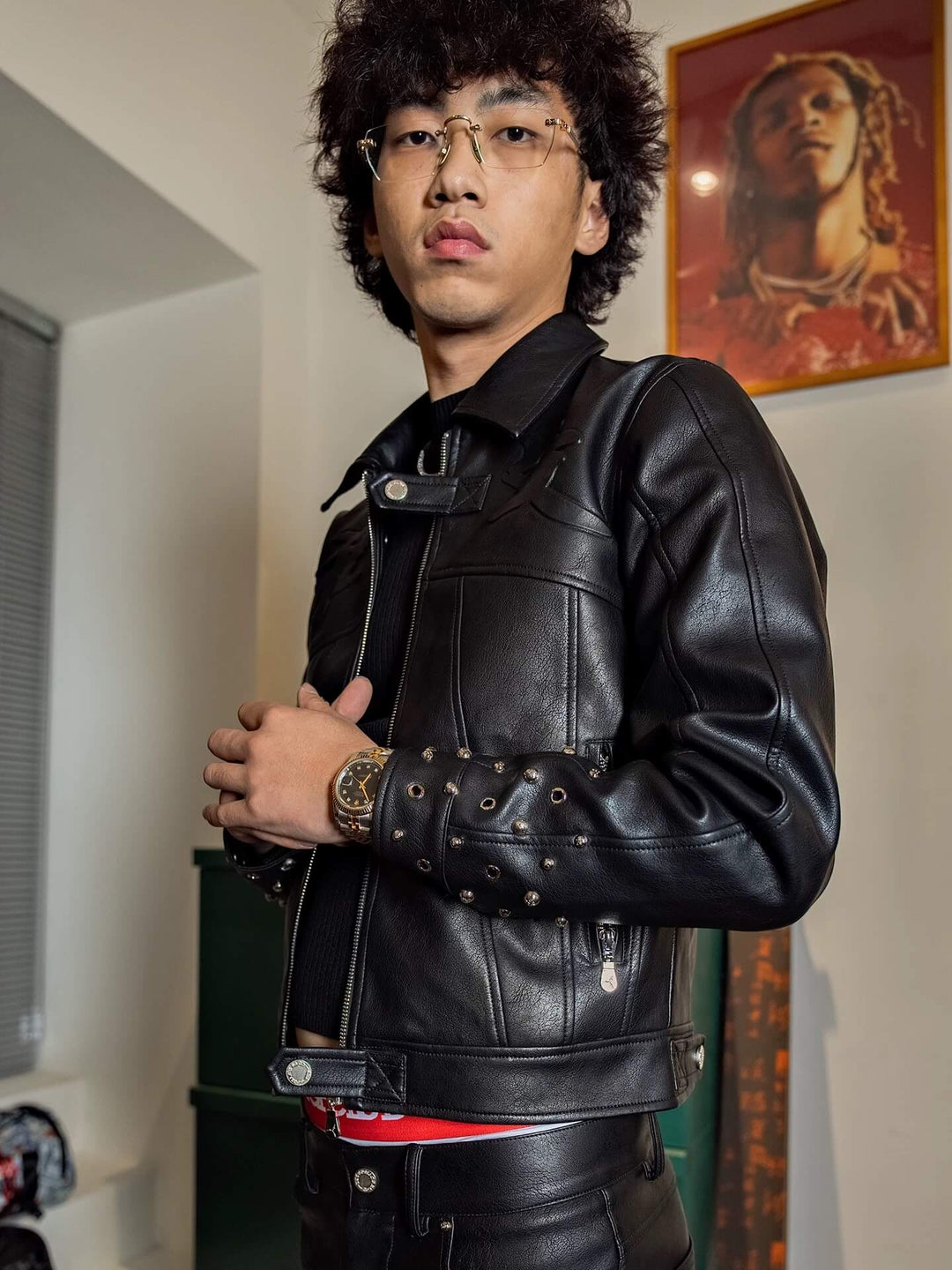 TGFCLUB Embossed Studded Slim Fit PU Leather Biker Jacket | Face 3 Face