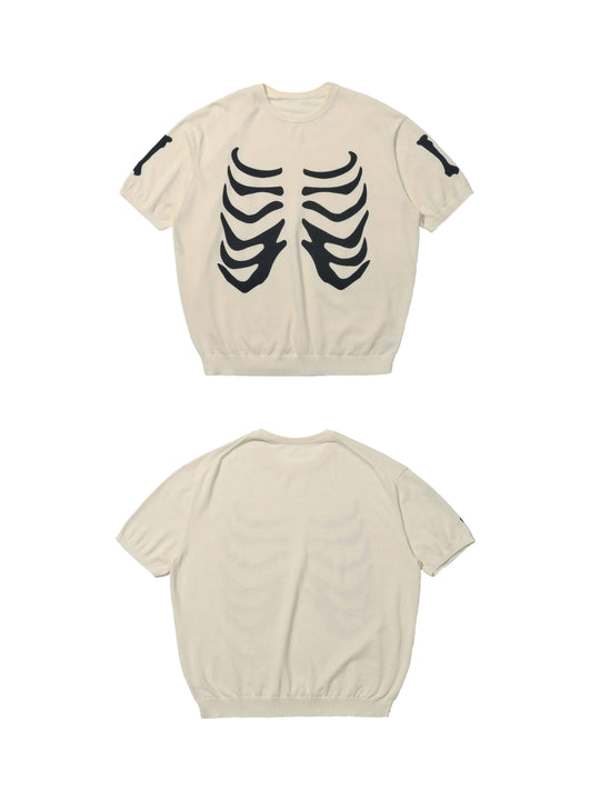 LIBERAFIT Skeleton Print Knit Ribbed Trim Short Sleeve Tee