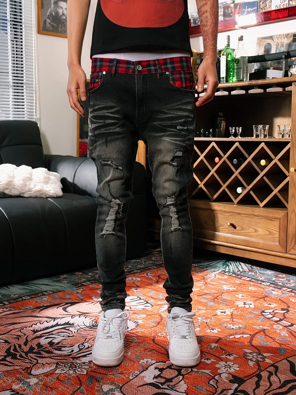 TGFCLUB Plaid Patchwork Waistband Skinny Jeans | Face 3 Face