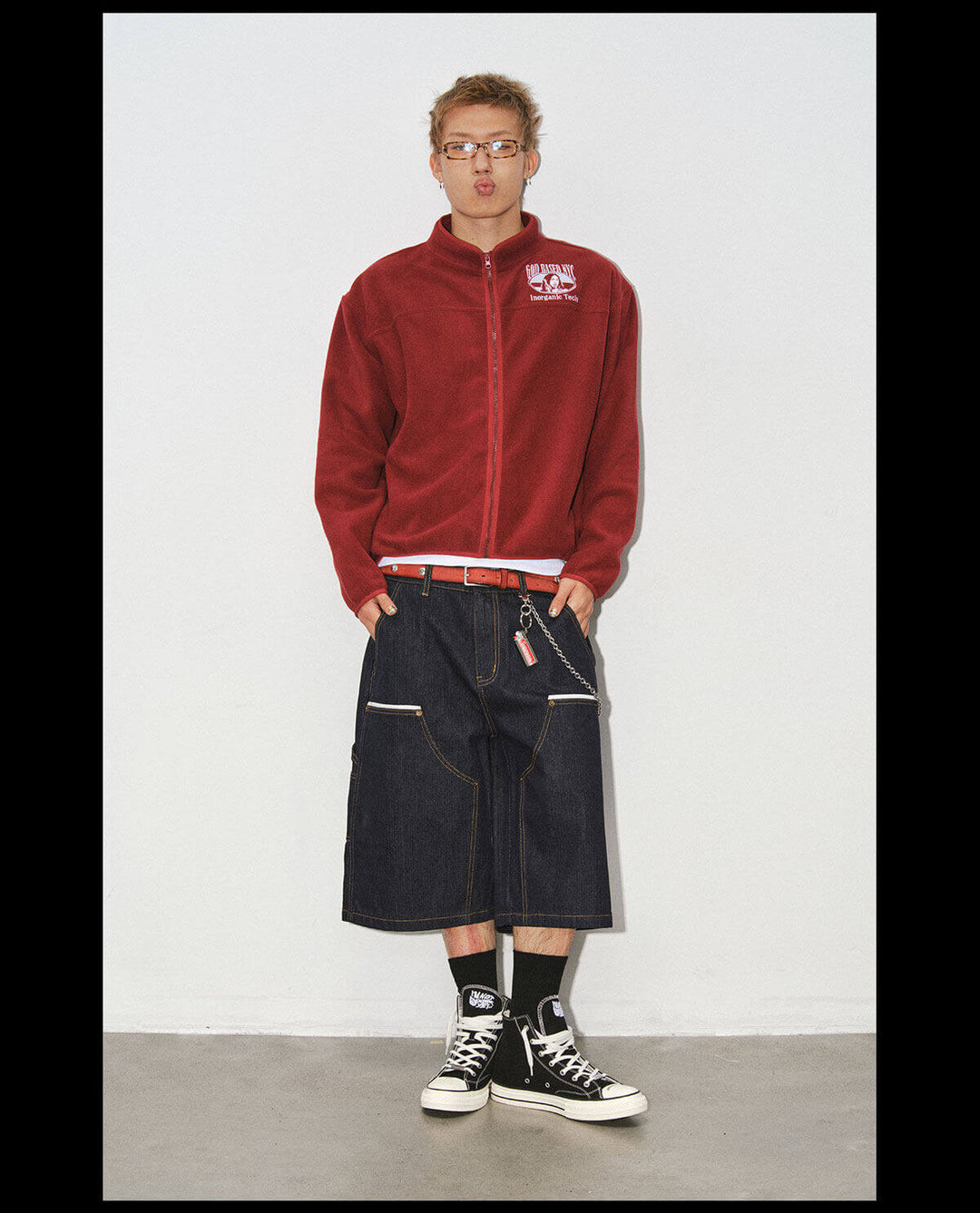 NOVACAM White Accent Line Double Knee Baggy Denim Shorts | Face 3 Face