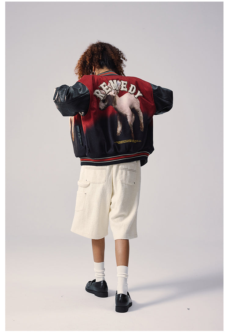 Remedy Sheep Full Print Pearl Embroidered Varsity Jacket | Face 3 Face